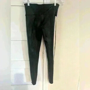 SPANX Black Patent Faux Leather Leggings with White Stripe- Size Large- EUC